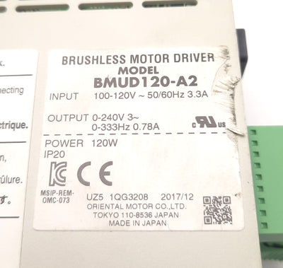 Used Oriental Motor BMUD120-A2 Motor-Driver 120W Output, 100-120V 3.3A Input