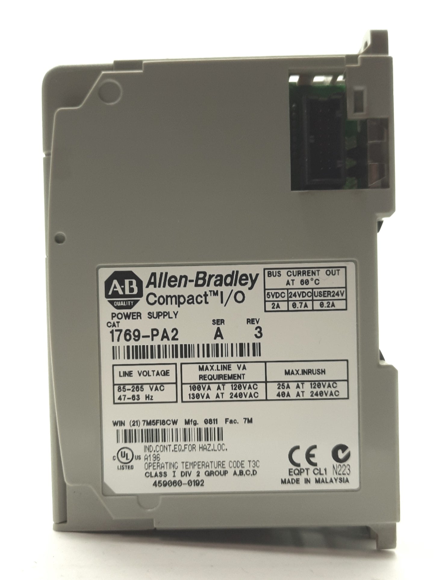 Used Allen Bradley 1769-PA2 Compact I/O Power Supply 5/24VDC Output 120/240VAC Input