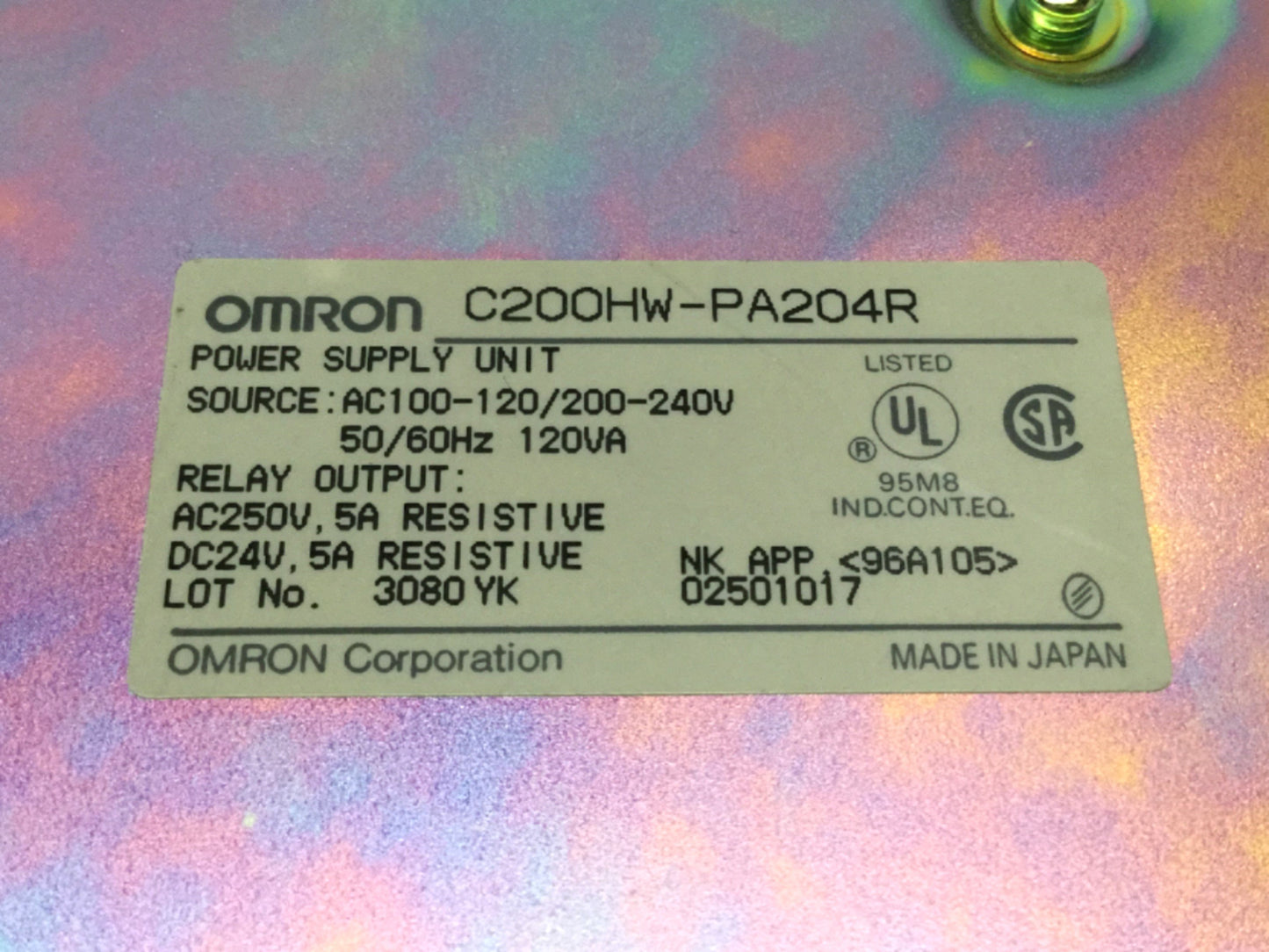 Used Omron C200HW-PA204R SYSMAC Backplane Power Supply 100-120/200-240VAC, Relay Out