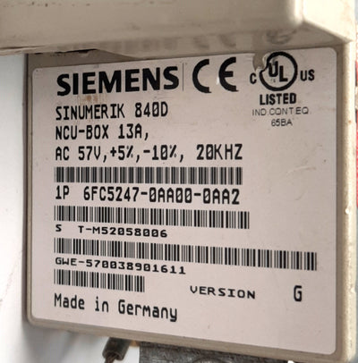 Used Siemens 6FC5247-0AA00-0AA2 Sinumerik 840D NCU Box 13A, 57v AC +5% -10%, 20KHZ