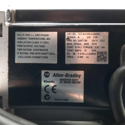 Used Allen Bradley TLY-A310M-HJ62AA Servo Motor .95kW 16mm Shaft 3PH 230V 10A