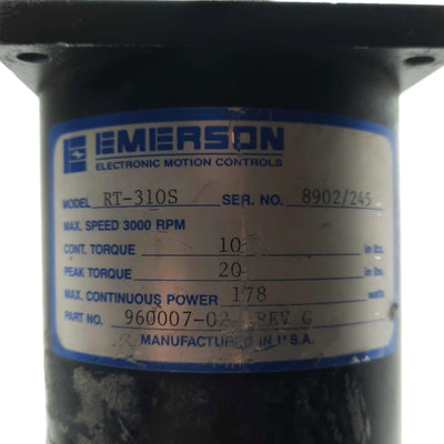 Used Emerson RT-310S Servo Motor, 10in-lbs Torque, 3000RPM, 1/2" Shaft, 3.25" Mount