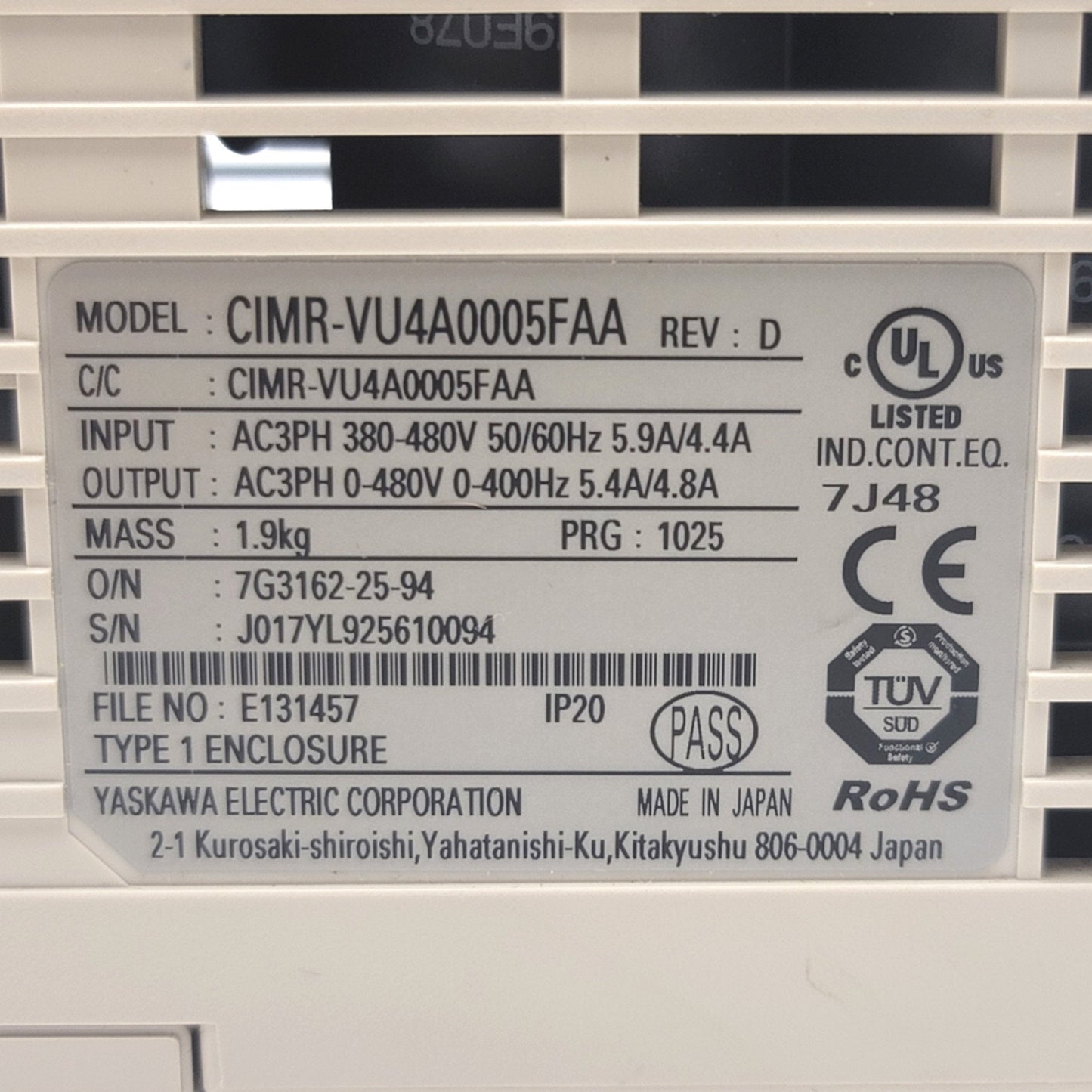 Yaskawa CIMR-VU4A0005FAA Variable Frequency Drive 3HP, 380-480VAC, 5.9A, 0-400Hz