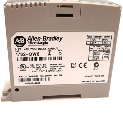 Used Allen Bradley 1762-OW8 MicroLogix Relay Output Module, 8-Point NO, 265VAC/125VDC