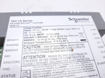 Used Schneider MNB-70 Micronet BAnet Controller i/A Series Class 2 24VAC 15VAC 5VDC