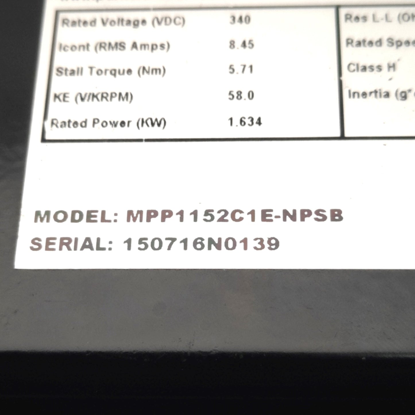 Used Parker MPP1152C1E-NPSB Rotary Servo Motor 340v DC, 5.71 Nm, 1.63KW, 4060RPM