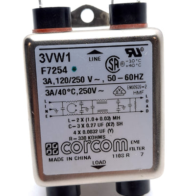 Used Corcom 3VW1 F7254 Power Line RFI Filter, Rating: 3A 120/250VAC 50-60Hz