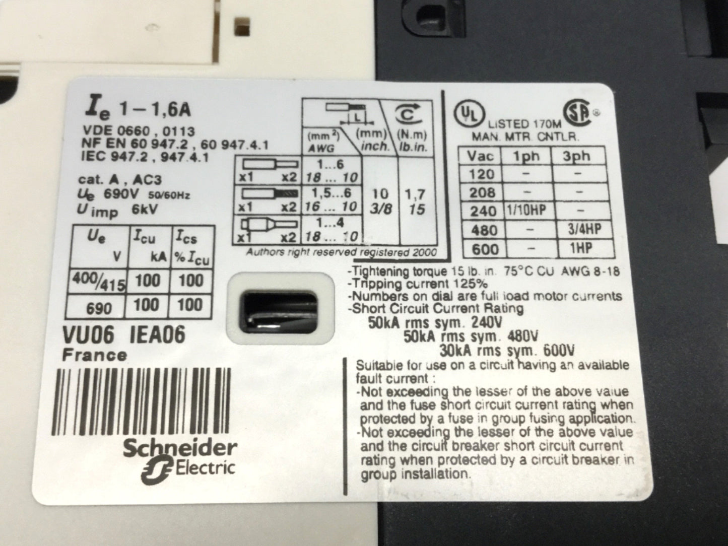 Used Telemecanique GV2-P06 Manual Motor Starter Circuit Breaker, 1-1.6A, 3-Pole