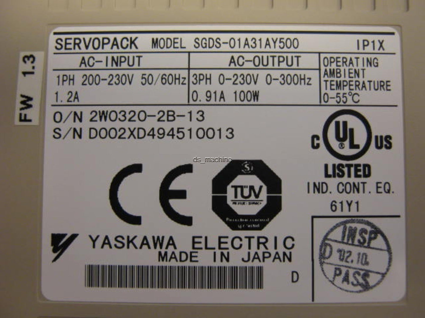 New Yaskawa SGDS-01A31AY500 ServoPack 230VAC 1PH to 230VAC 3PH 0-300Hz