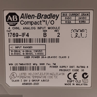 Used Allen Bradley 1769-IF4 Compact I/O PLC Analog Input Module 4-Channel, mA, VDC