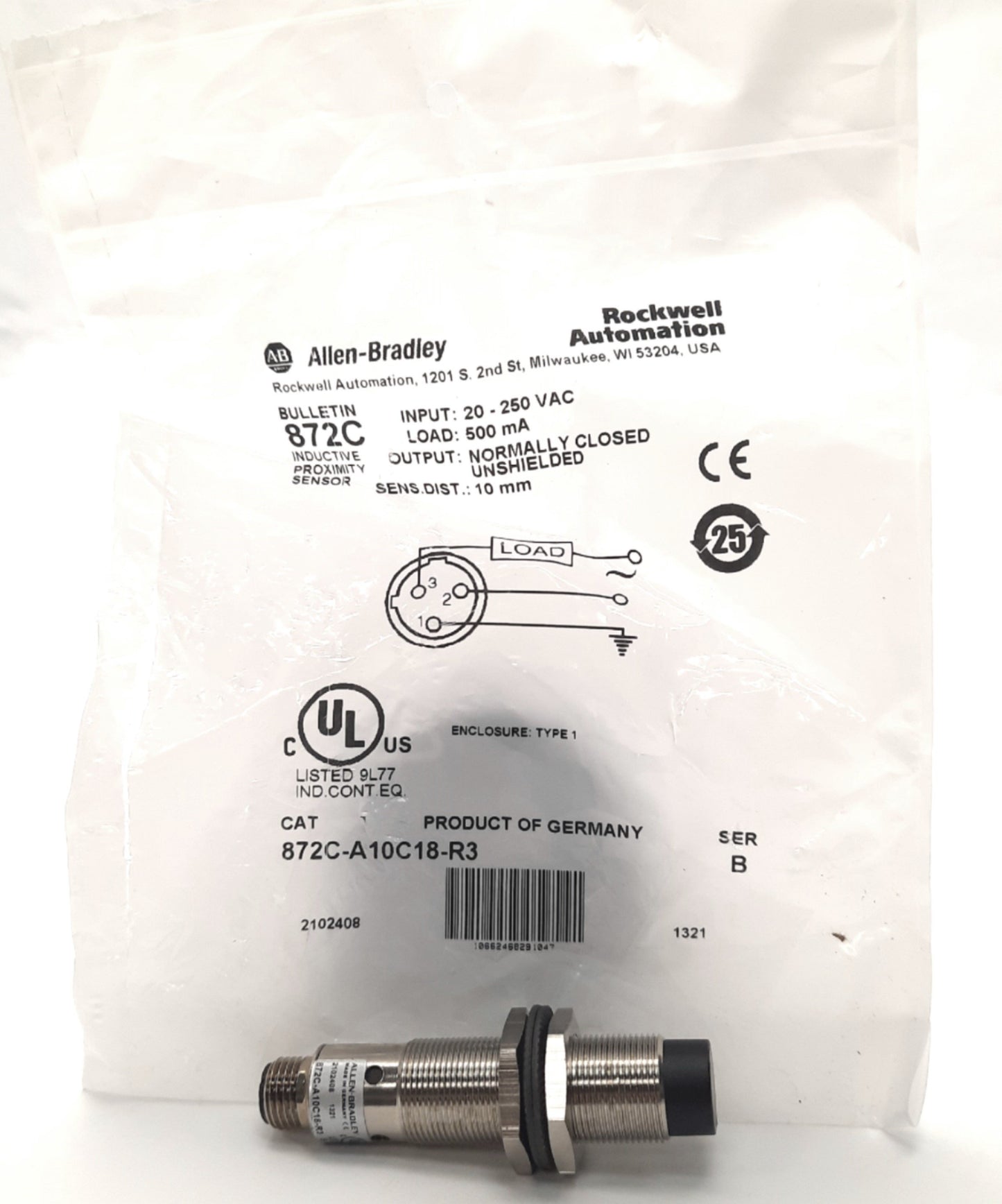 New Allen Bradley 872C-A10C18-R3 Proximity Sensor 10mm Range, N.C., 20-250V AC 500mA