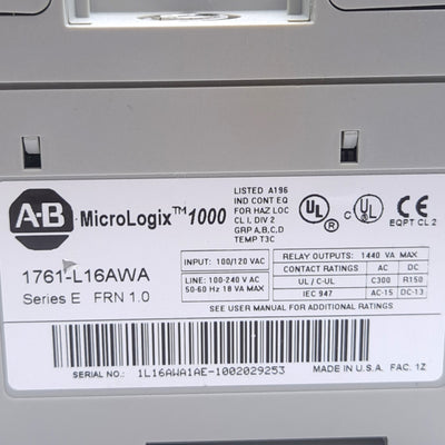 Used Allen Bradley 1761-L16AWA MicroLogix Controller 16 Inputs, 6 Outputs, 120vAC