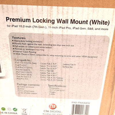 New CTA Digital PAD-PARAWW White Locking Tablet Wall Mount Apple iPad Samsung Galaxy