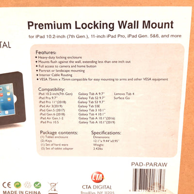 New CTA Digital PAD-PARAW Black Locking Tablet Wall Mount Apple iPad Samsung Galaxy