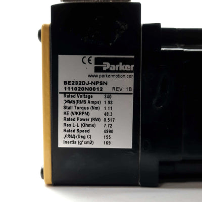 New Parker BE232DJ-NPSN Servo Motor, 140oz-in Torque, 340V 1.98A, 3/8" Shaft, NEMA23