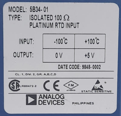 Used Analog Devices 5B34-01 Isolated 100O Platinum RTD Input -100C/+100C, 0-5V Output