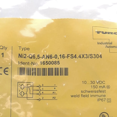 New Turck NI2-Q6.5-AN6-0.16-FS4.4X3/S304 Inductive Proximity Sensor, 2mm Range, 30Hz