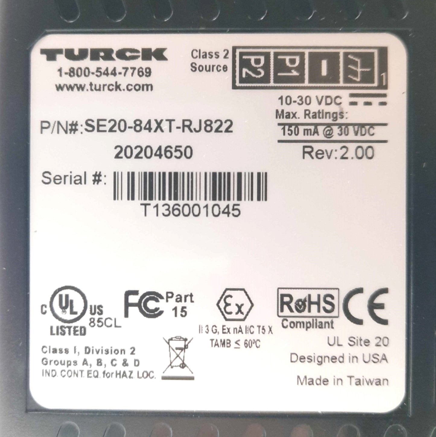 Used Turck SE20-84XT-RJ822 Unmanaged Industrial Ethernet Switch 8-Port 10/100 24VDC