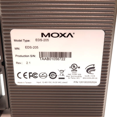 Used Moxa EDS-205 Unmanaged Ethernet Switch 5-Port, 10/100BaseT(X), 12-48VDC/18-30VAC