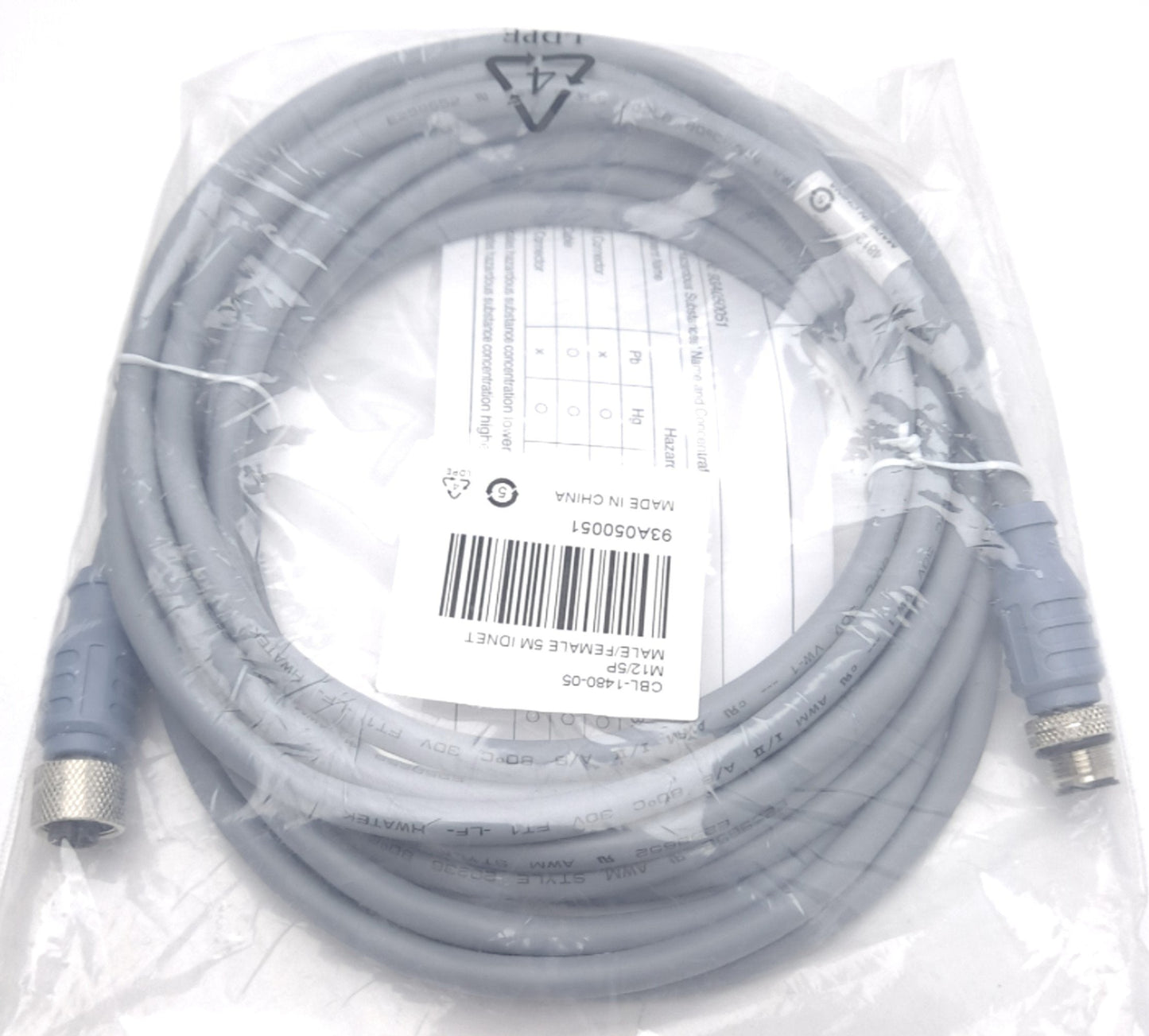 New Datalogic CBL-1480-05 93A050051 ID Net Cable M12/5P Male to Female Length 5M