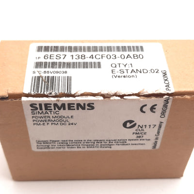 New Siemens 6ES7 138-4CF03-0AB0 Simatic PLC Power Module, PM-E F PROFIsafe, 24VDC