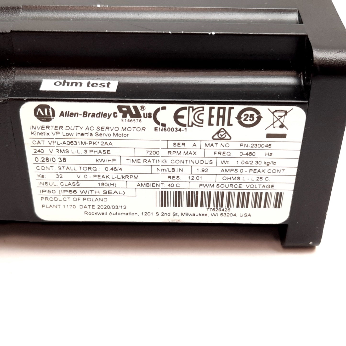 Used Allen Bradley VPL-A0631M-PK12AA Servo Motor, 3-Phase 240VAC, 0.28kW, 9mm Shaft