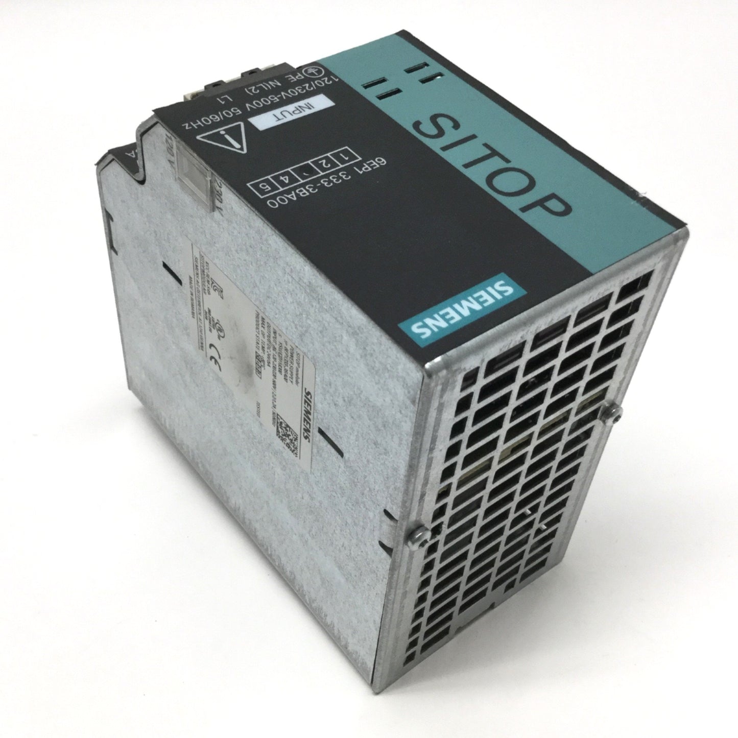 Used Siemens 6EP1 333-3BA00 SITOP Power Supply, 120/230-500VAC In, 24VDC/5A Out 120W