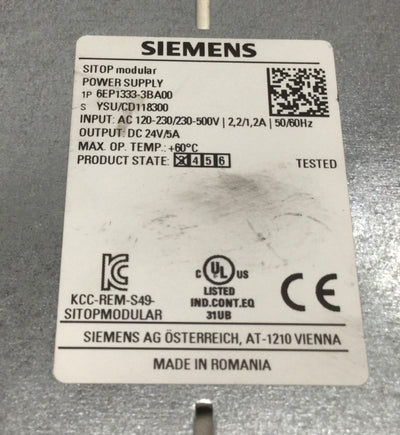 Used Siemens 6EP1 333-3BA00 SITOP Power Supply, 120/230-500VAC In, 24VDC/5A Out 120W