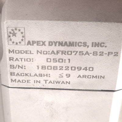 Used Apex Dynamics AFR075A-050-S2-P2 90° Planetary Gearbox 50:1, 8,000 RPM Max