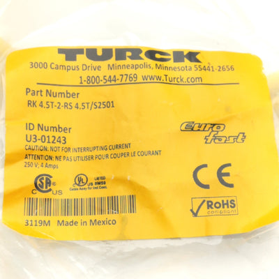 New Other Turck RK4.5T-2-RS4.5T/S2501 RFID Cable, M12 5-Pin Male to Female, 2 m