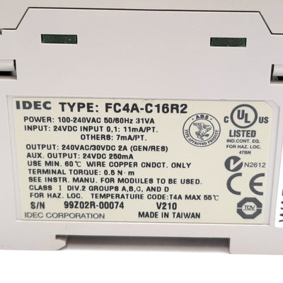 Used Idec FC4A-C16R2 MicroSmart PLC Module, 9x Inputs, 7x Outputs, Power: 100-240VAC