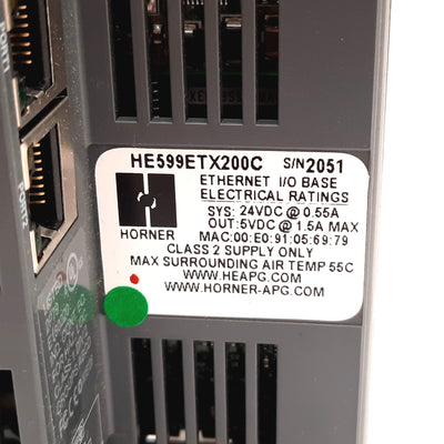 Used Horner HE599ETX200C SmartRail I/O Ethernet Base, In: 24VDC 0.55A, Out: 5VDC 1.5A