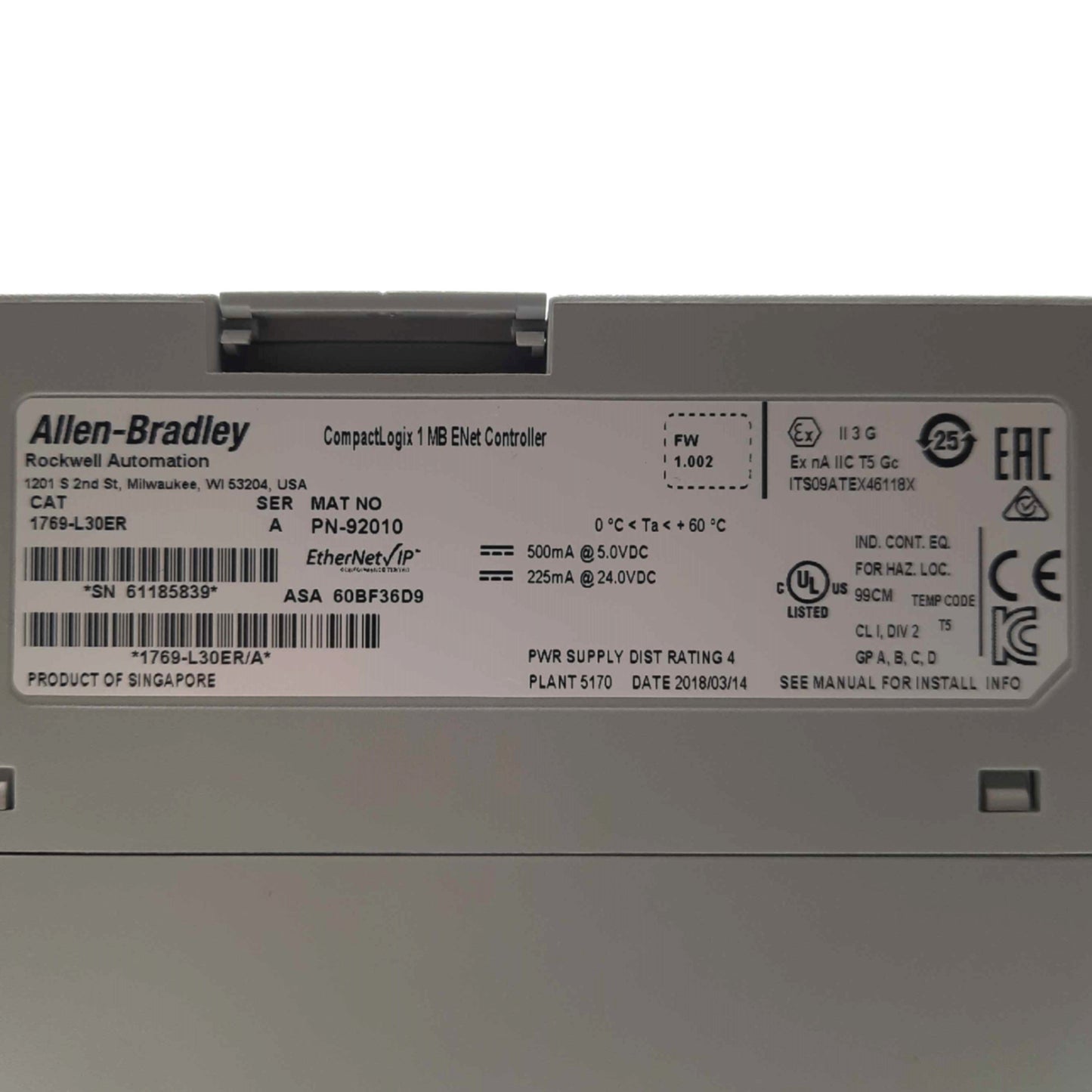 Used Allen Bradley 1769-L30ER Series A CompactLogix PLC Motion Controller, 1MB Memory