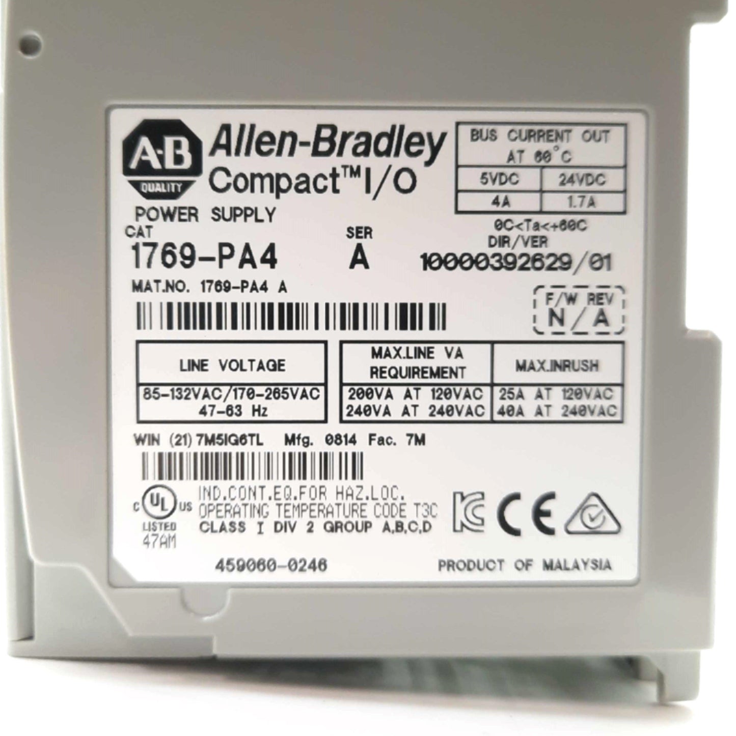 Used Allen Bradley 1769-PA4 PLC Power Supply, 5VDC 4A 24VDC 1.7A Out, 120/240VAC In