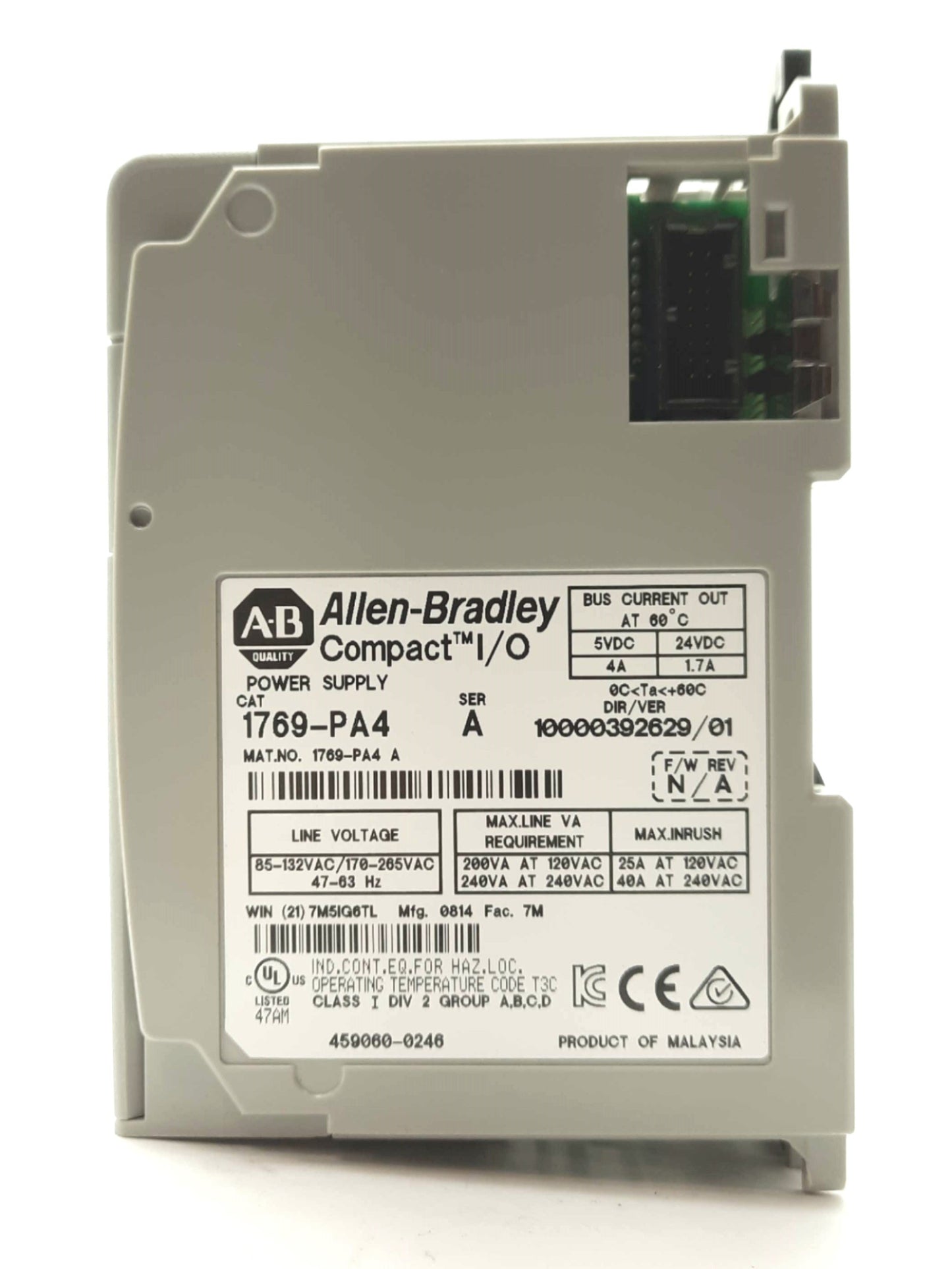 Used Allen Bradley 1769-PA4 PLC Power Supply, 5VDC 4A 24VDC 1.7A Out, 120/240VAC In