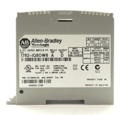 Used Allen Bradley 1762-IQ8OW6 MicroLogix I/O Module, 8x 24VDC In, 6x Relay Out