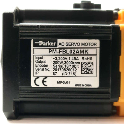 Used Parker PM-FBL02AMK Servo Motor, .2kW, 3000RPM, .64Nm, 3Ø 200V 1.45A, 62mm Frame