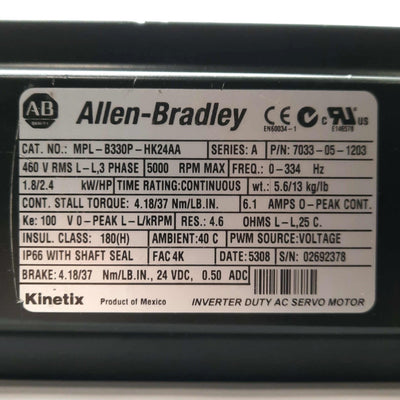 Used Allen Bradley MPL-B330P-HK24AA Servo Motor, 1.8kW, 460VAC, 100mm Frame w/Brake