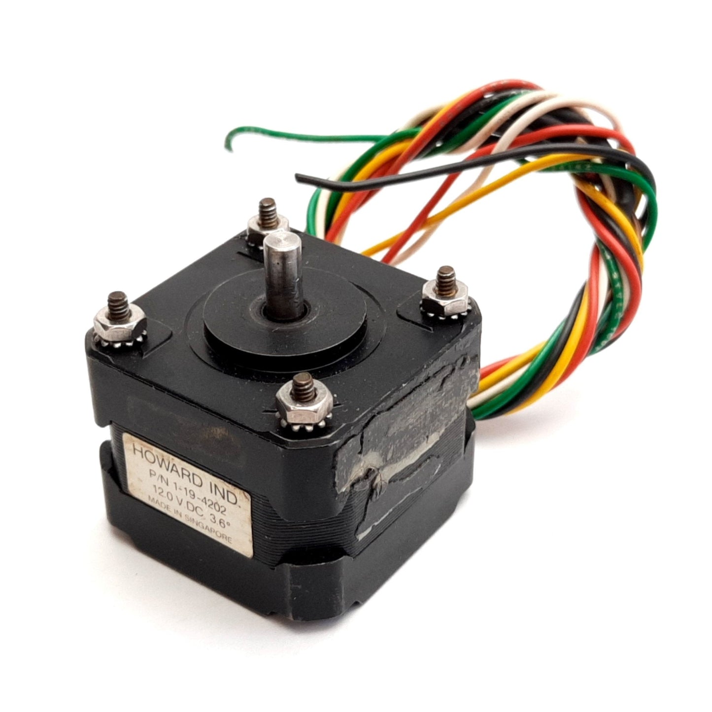 Used Howard 1-19-4202 Stepper Motor, Voltage: 12VDC, Resolution: 3.6ø/Step, 5mm Shaft