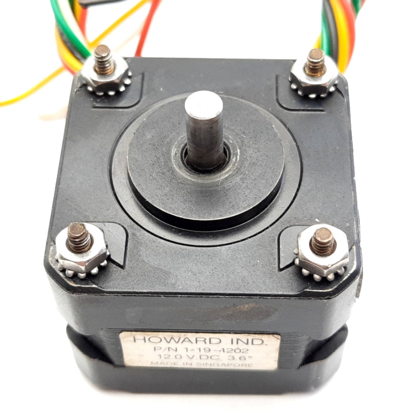 Used Howard 1-19-4202 Stepper Motor, Voltage: 12VDC, Resolution: 3.6ø/Step, 5mm Shaft