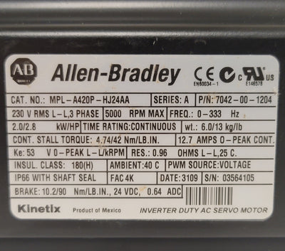 New Allen Bradley MPL-A420P-HJ24AA Servo Motor 2kW 42lb-in 5,000RPM 230VAC 3PH 12.7A