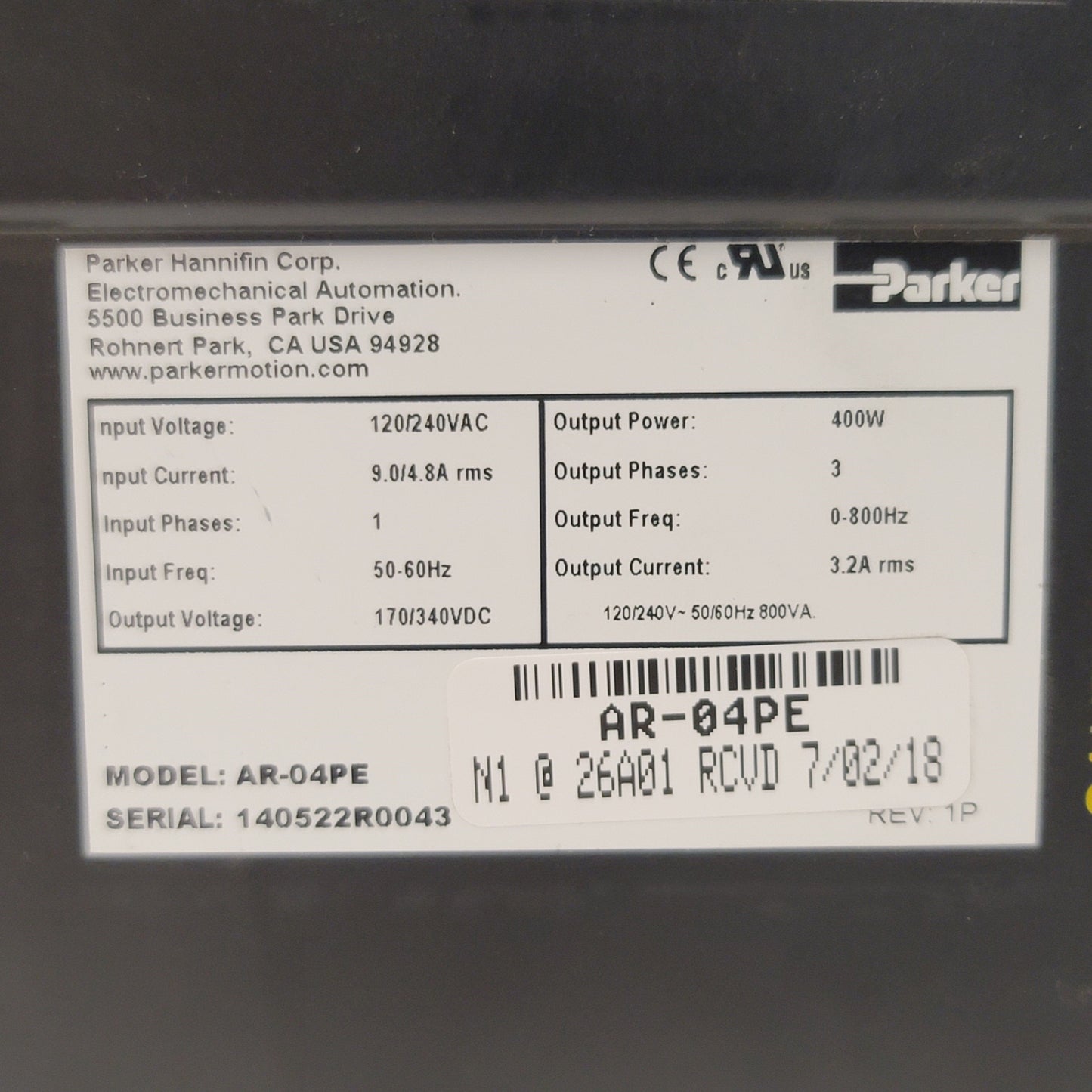 Used Parker AR-04PE Aries EPL Servo Drive Ethernet, 120/240VAC, 3.2A 400W, 170/340VDC