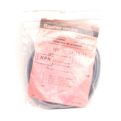 New Baumer IFF 08.24.15/L1 Proximity Switch 1.5mm Range, 5-30V DC, NPN, 8mm x 40mm