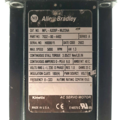 Used Allen Bradley MPL-A320P-MJ22AA Kinetix Servo Motor 1.3kW 5000RPM 3PH 230VAC 9A