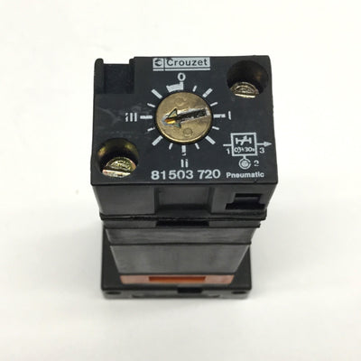 Used Crouzet 81503720 On-Delay Pneumatic Timer 0.1s- 30s Adjustable, w/Sub Base