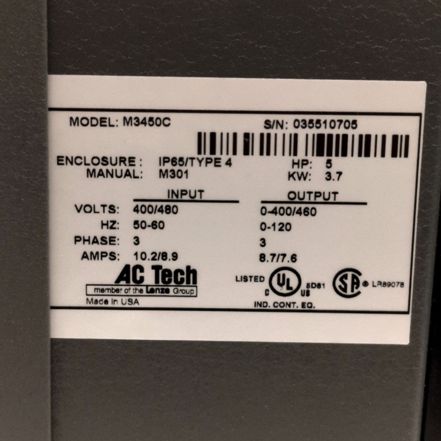 Used Lenze M3450C AC Tech Drive 400/480V Input, 3-Ph, 0-400/460V SINE Output *Holes*