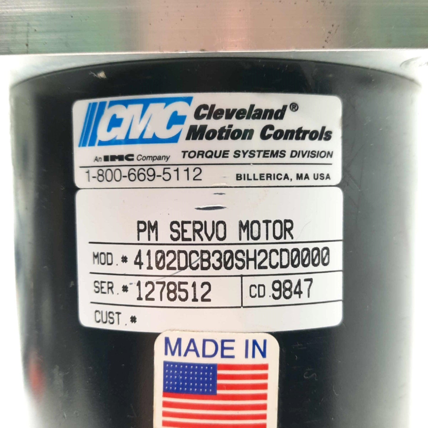 Used CMC 4102DCB30SH2CD0000 Servo Motor 1776RPM, 33V/KRPM, 16.5lb-in, Ø5/8" Shaft