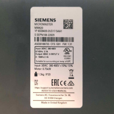 Used Siemens 6SE6420-2UD17-5AA1 Micromaster 420 Inverter Drive, 1HP, 3PH 380-480VAC