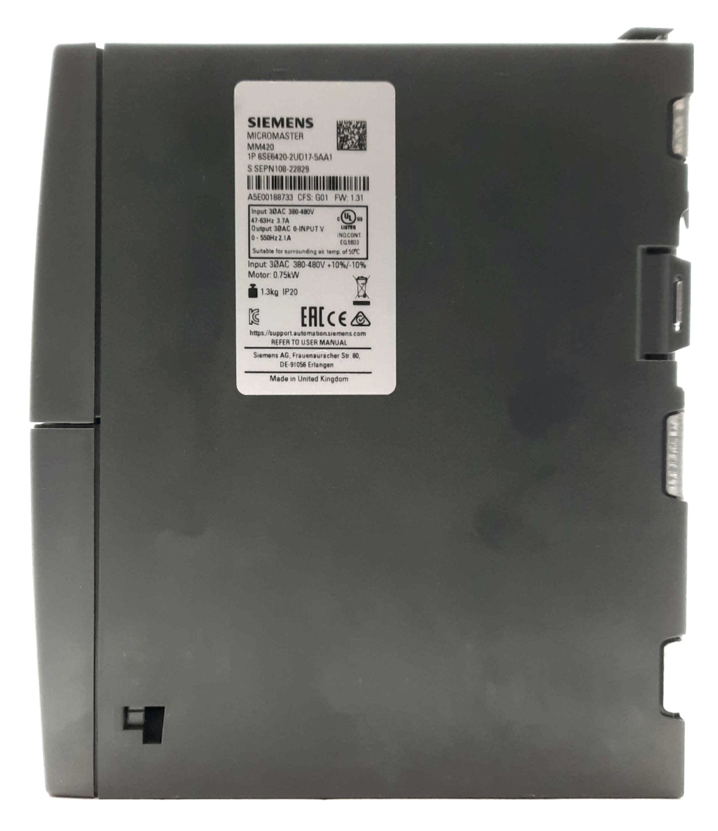 Used Siemens 6SE6420-2UD17-5AA1 Micromaster 420 Inverter Drive, 1HP, 3PH 380-480VAC