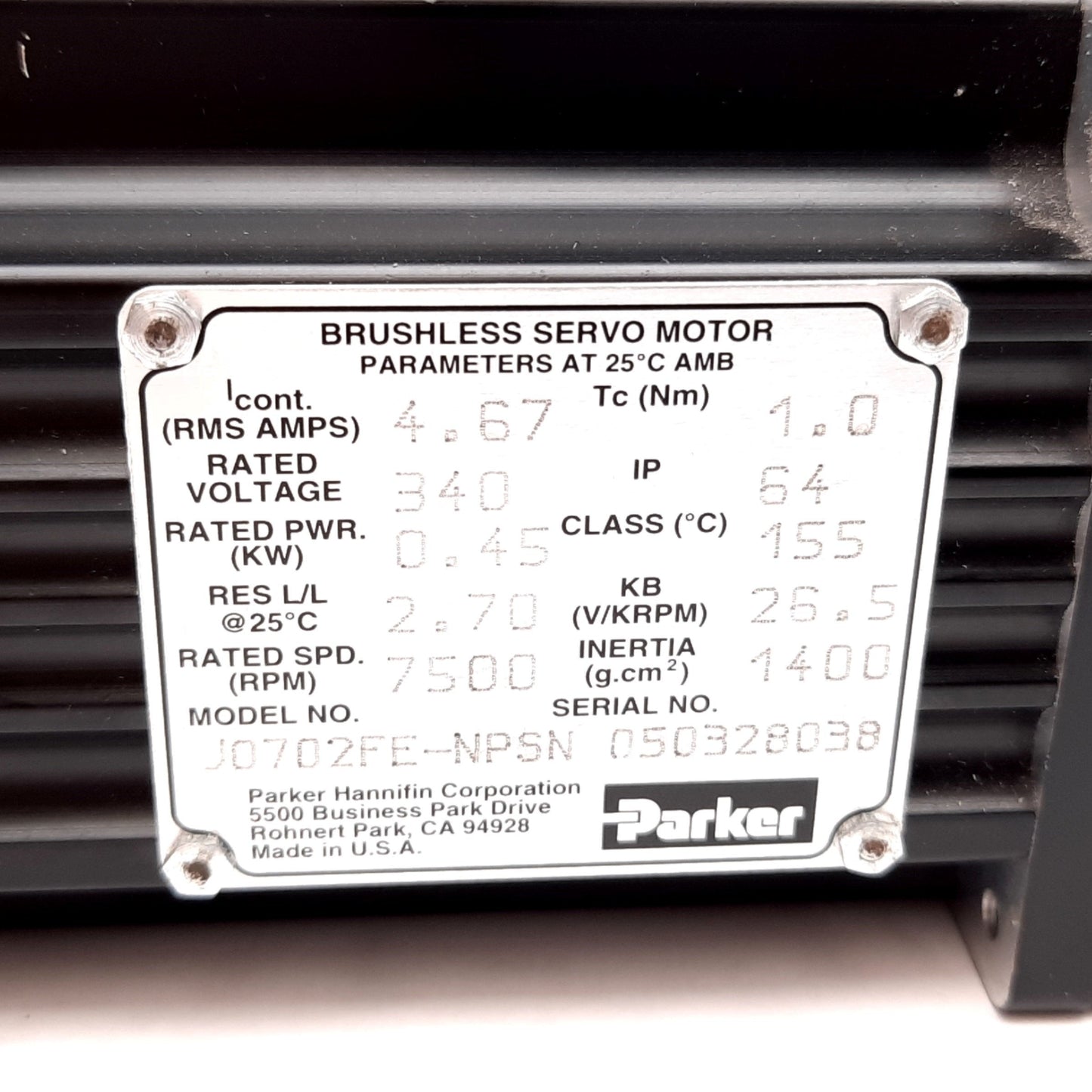 Used Parker J0702FE-NPSN Servo Motor, 340V, 0.45kW, 7500RPM, 1.0Nm, 11mm Shaft